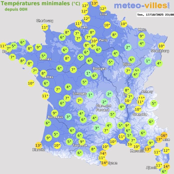 Températures minimales (°C) depuis 00h