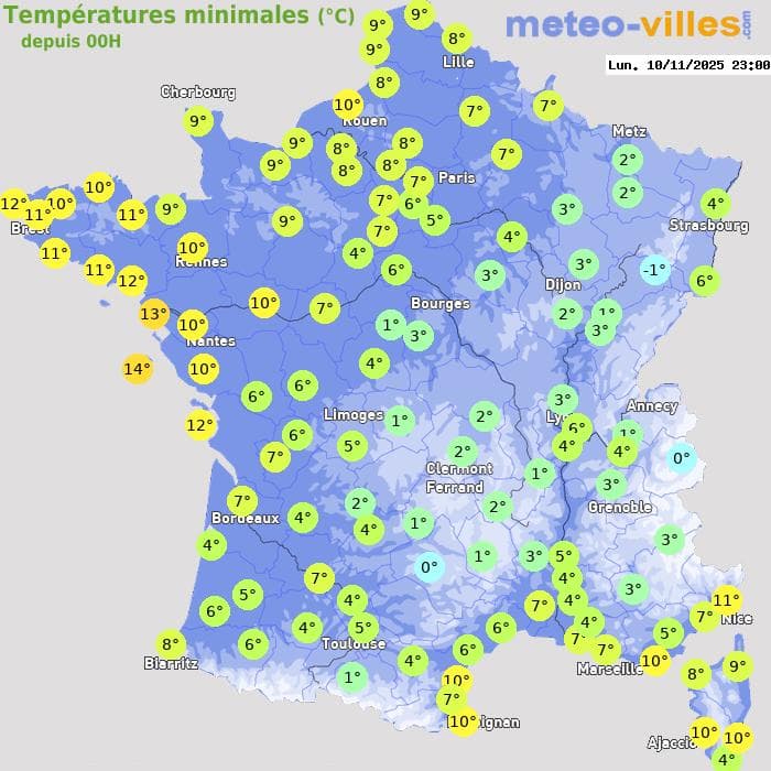 Températures minimales (°C) depuis 00h