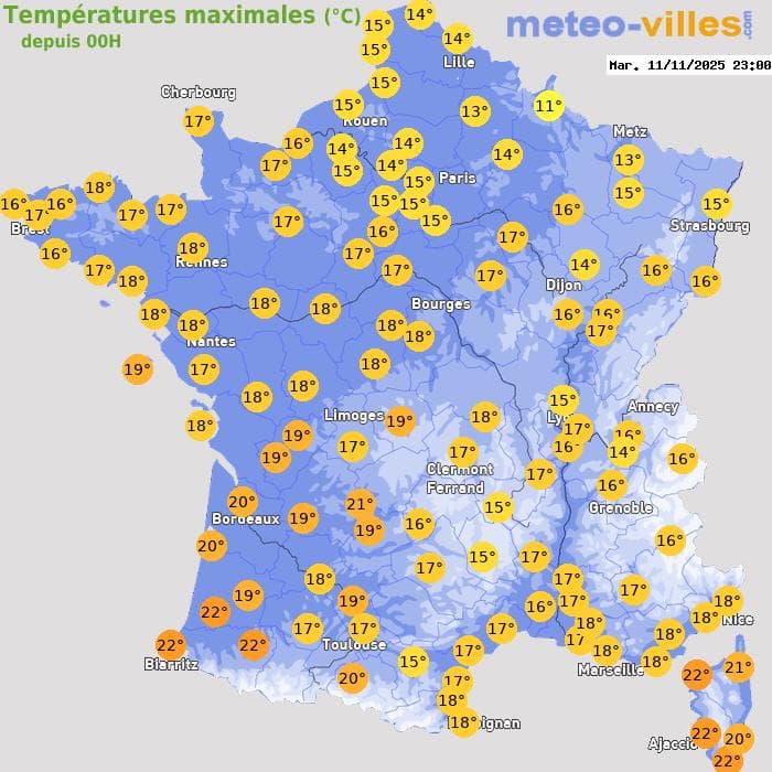 Températures maximales (°C) depuis 00h